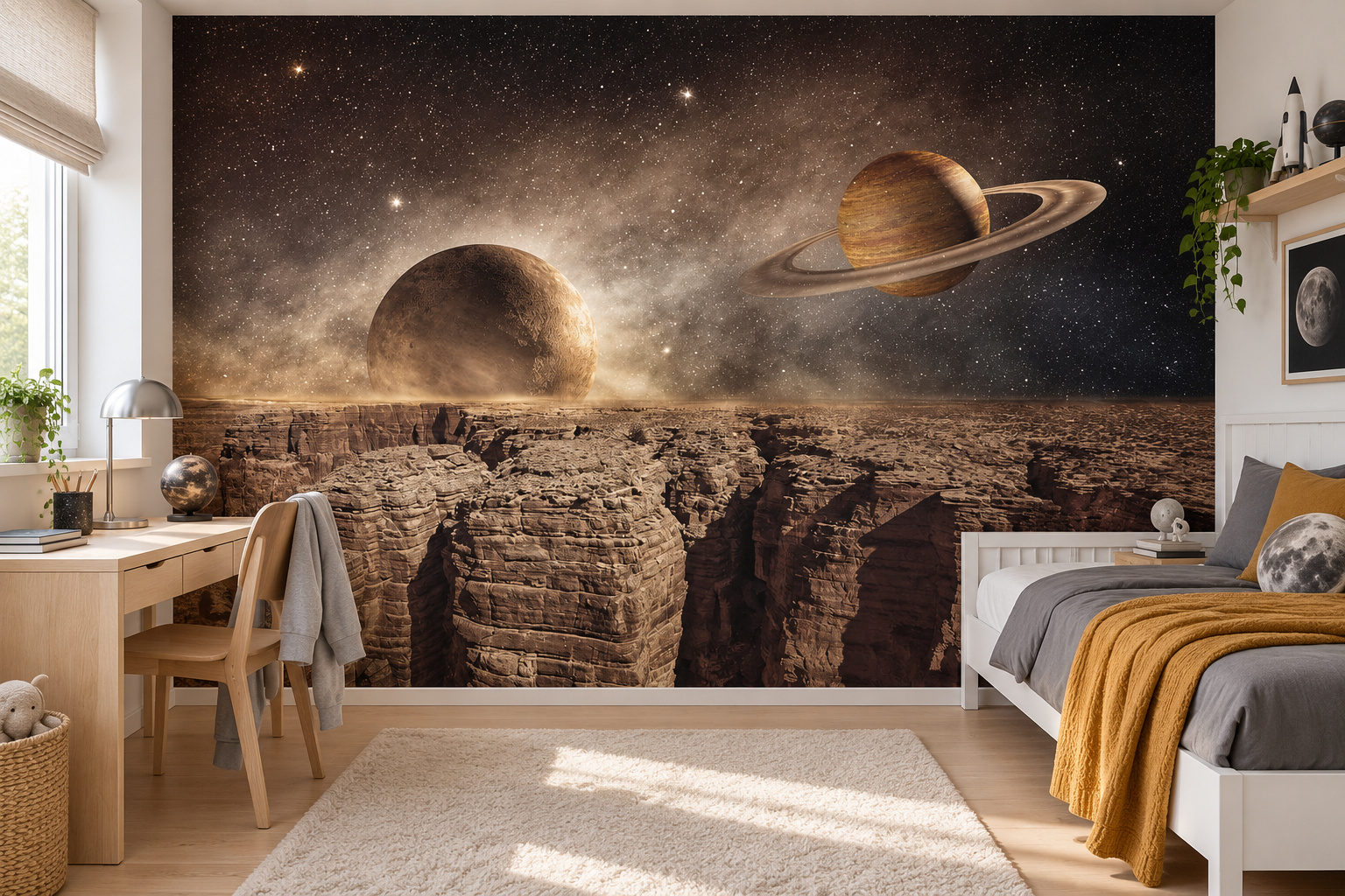 Fotobehang saturnus en maanlandschap in een lichte tienerslaapkamer met een wit bed met grijs en okergeel textiel.