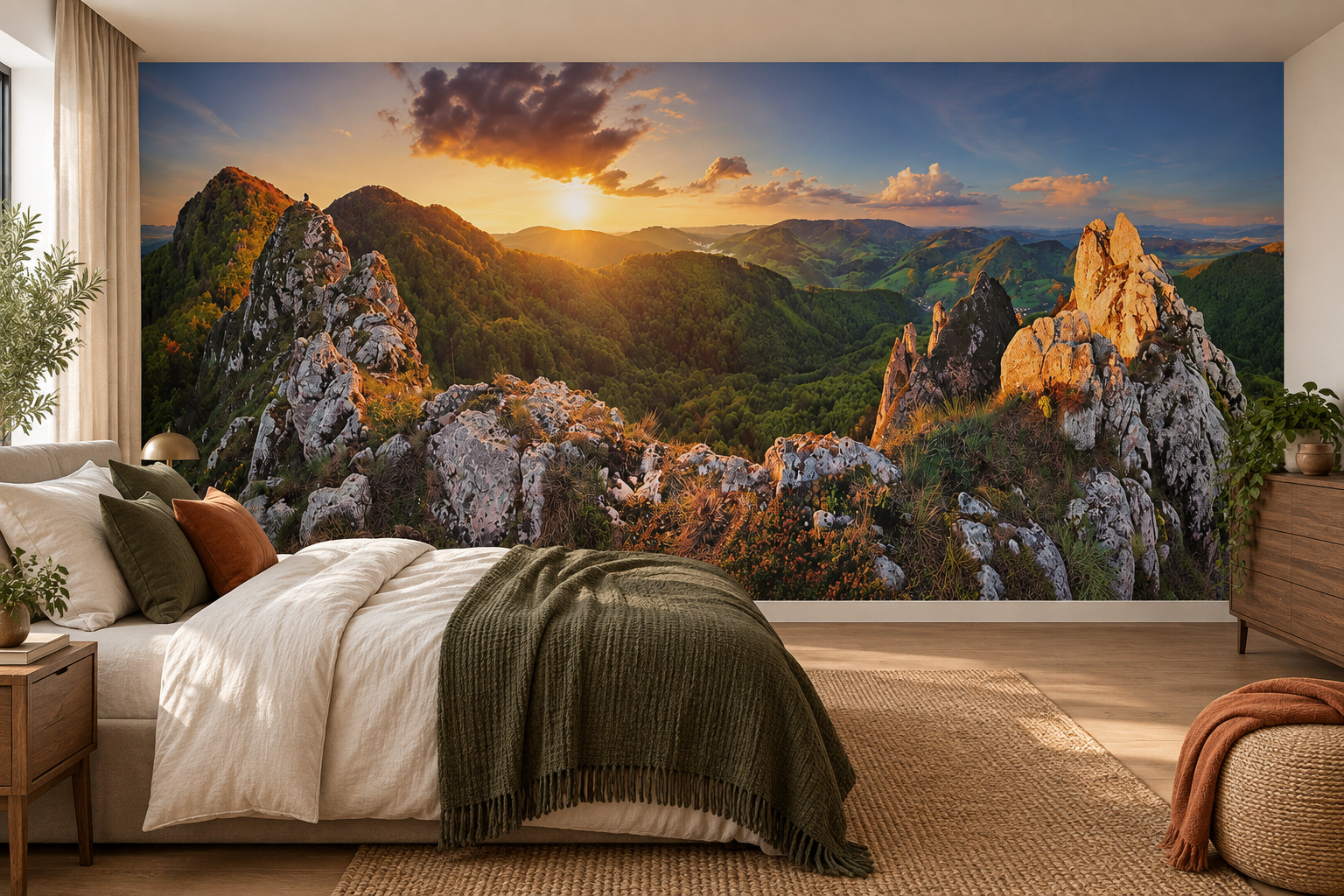 Slaapkamer met fotobehang van een Slowaaks berglandschap bij zonsondergang op de achterwand en een interieur in bijpassende kleuren; ontwerp AS64559739.