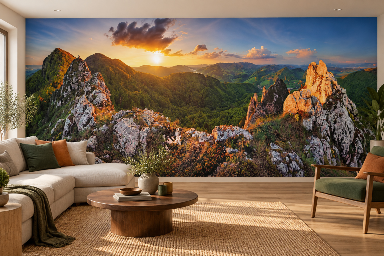 Woonkamer met fotobehang van een Slowaaks berglandschap bij zonsondergang op de achterwand en een interieur in bijpassende kleuren; ontwerp AS64559739.