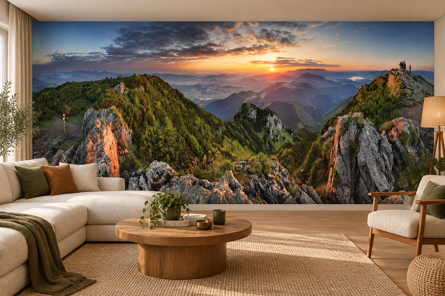 Woonkamer met fotobehang van een panorama van de bergen in Slowakije op de achterwand en een interieur in bijpassende kleuren; ontwerp AS256148306.