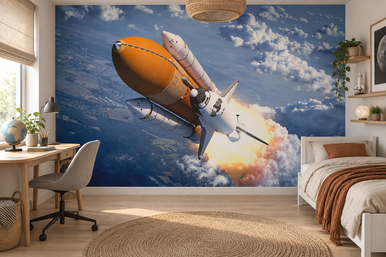 Fotobehang spaceshuttle boven de aarde in een lichte tienerslaapkamer met een wit bed met roestkleurige accenten.