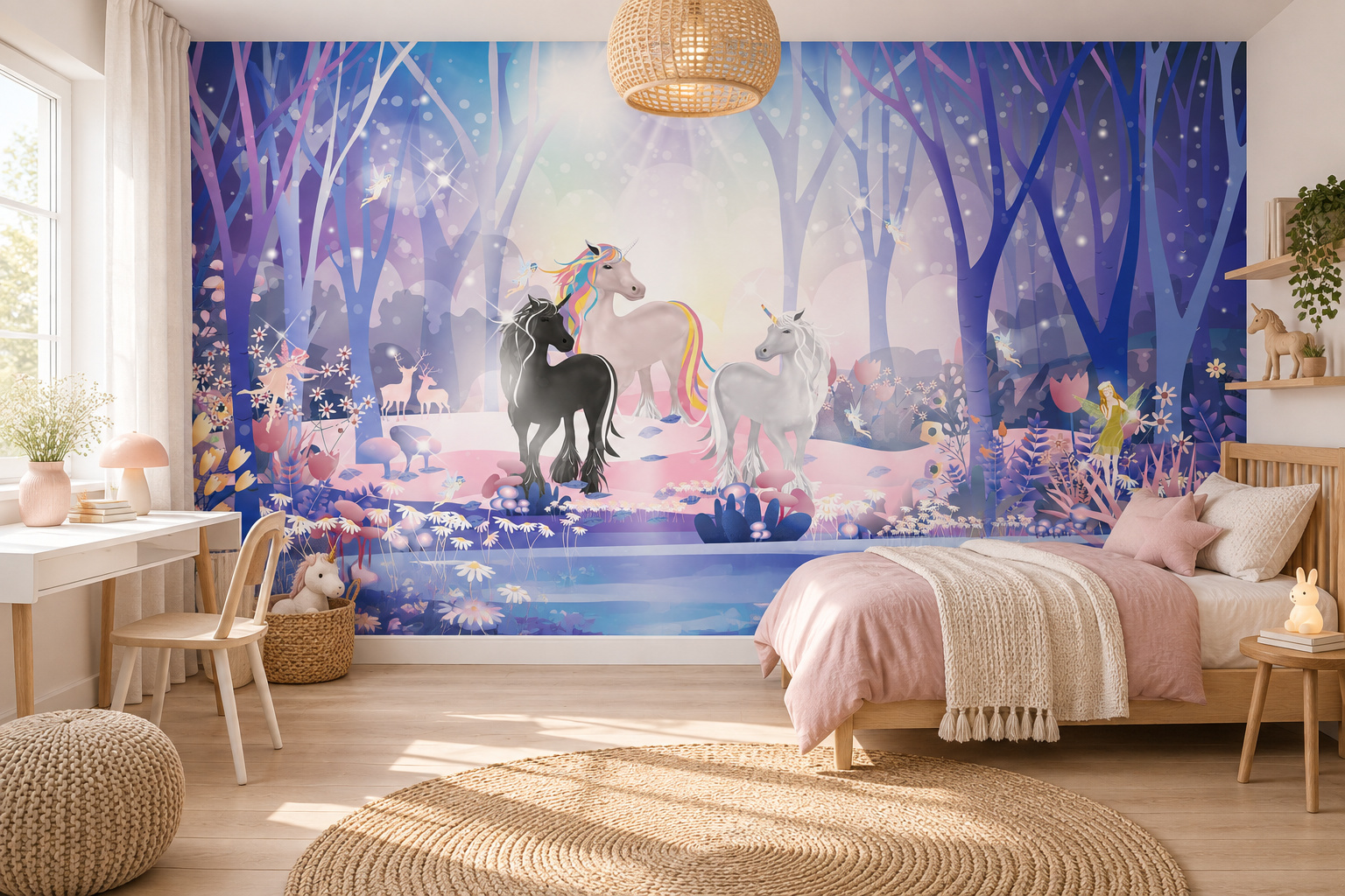 Fotobehang sprookjesbos met drie eenhoorns in een lichte kinderslaapkamer met een houten bed met oudroze beddengoed.