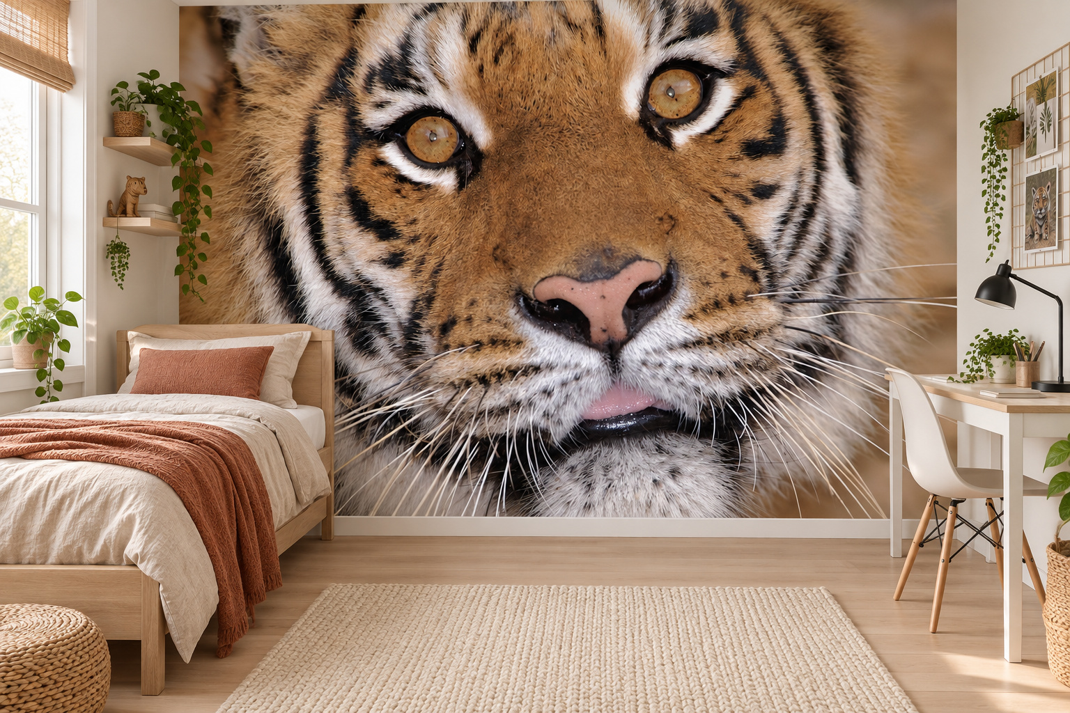 Tienerslaapkamer met wandvullend fotobehang tijgerportret met amberkleurige ogen, een houten bed en terracottakleurige deken.