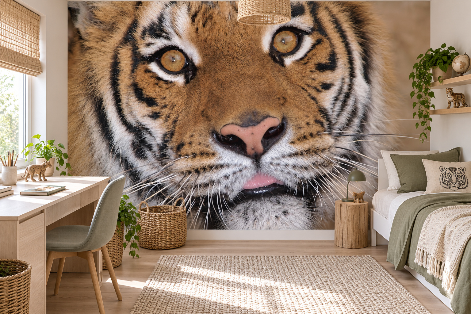 Fotobehang tijgerportret met amberkleurige ogen in een lichte tienerslaapkamer met een wit bed met olijfgroen en ivoor textiel.