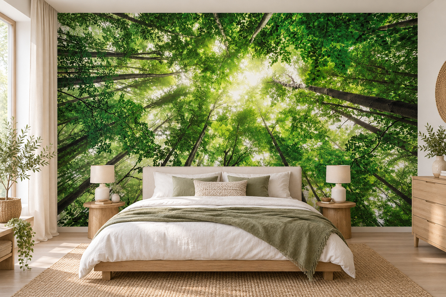 Groen bladerdak met boomstammen richting het licht als slaapkamerbehang, achter een laag bed met wit en groen textiel en ronde nachttafeltjes.