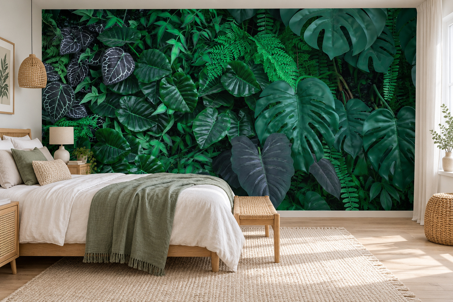 Tropische bladeren met grote monstera’s op de slaapkamerwand, naast een bed links met wit beddengoed en een saliegroene deken.