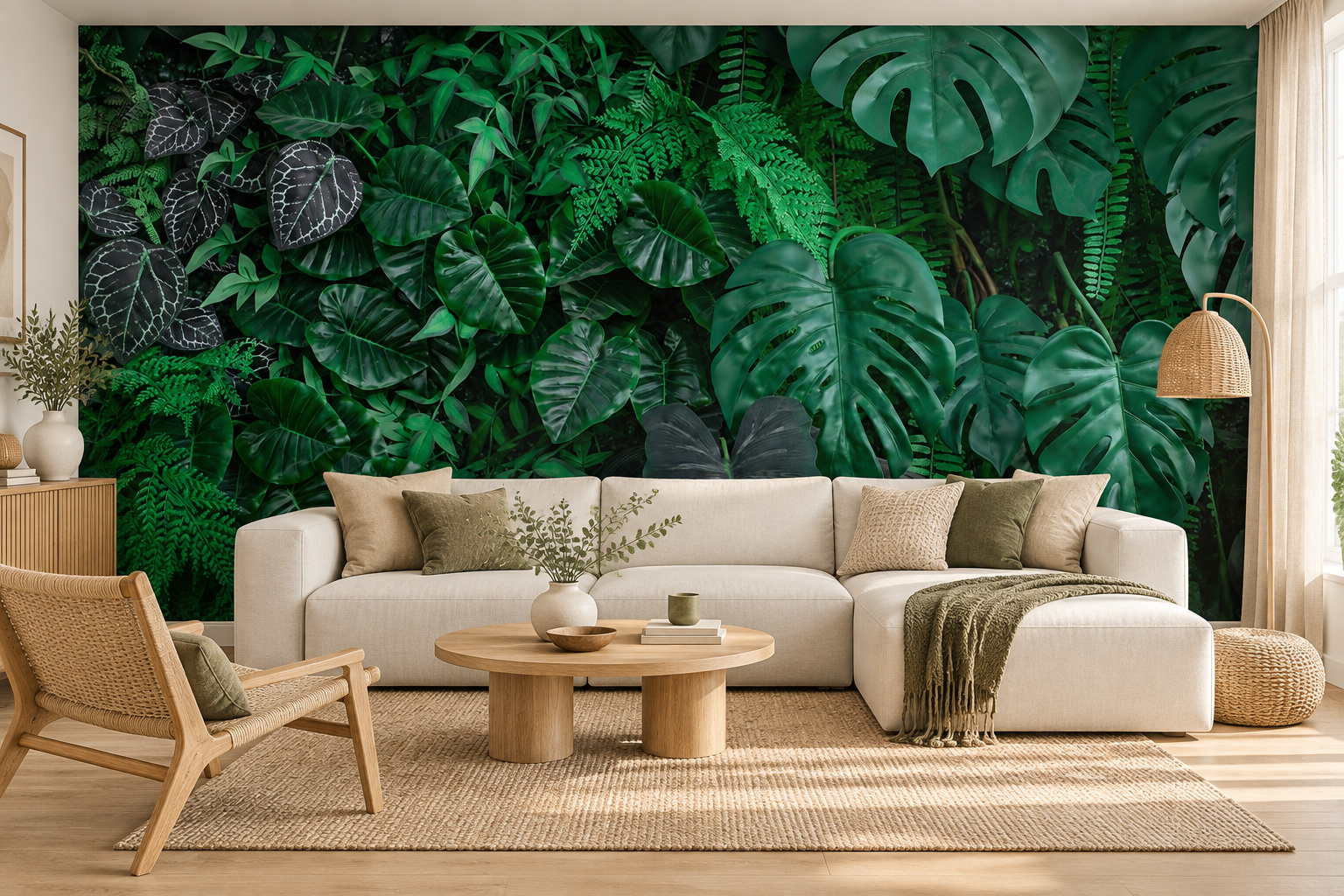 Donkergroene monstera- en varenbladeren als behang achter een lichte bank, met een ronde eiken tafel en een gevlochten stoel links.