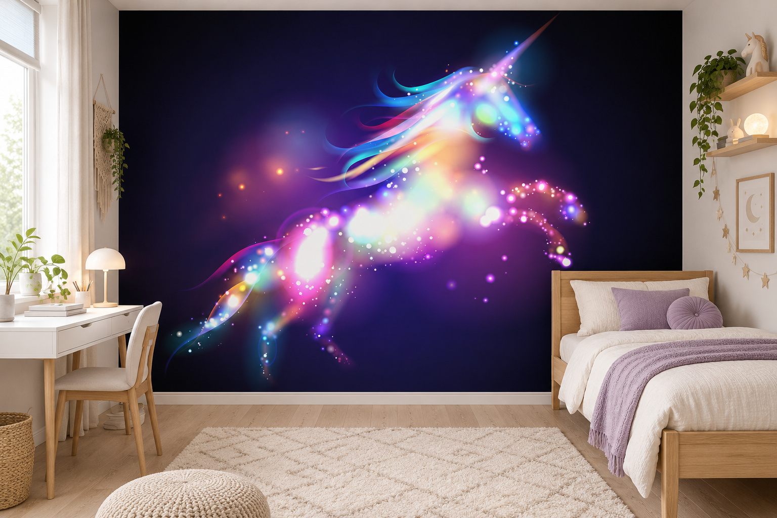 Tienerslaapkamer met wandvullend fotobehang unicorn stars in regenboogkleuren, een houten bed met lila deken.