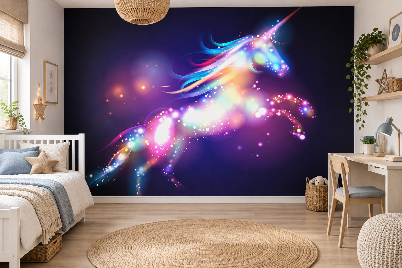 Fotobehang unicorn stars in regenboogkleuren in een lichte tienerslaapkamer met een wit bed met zachtblauwe accenten.
