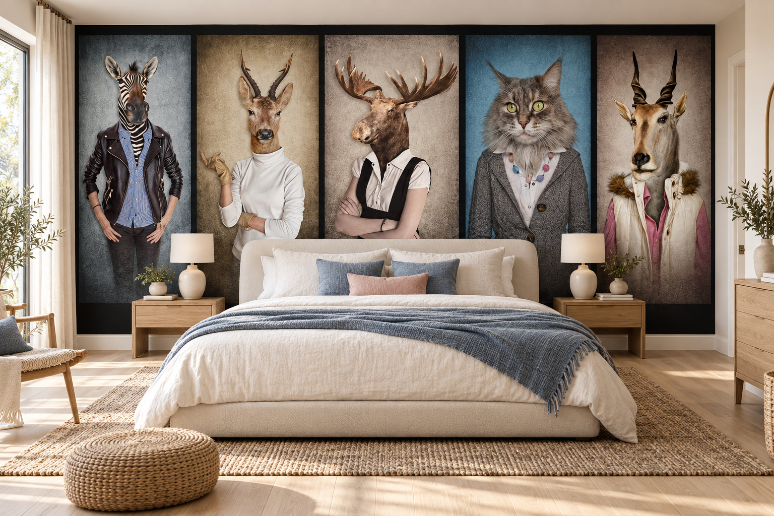 Slaapkamer met een centraal crème bed en blauwroze textiel onder fotobehang met vijf geklede dieren, waaronder zebra, eland en kat.