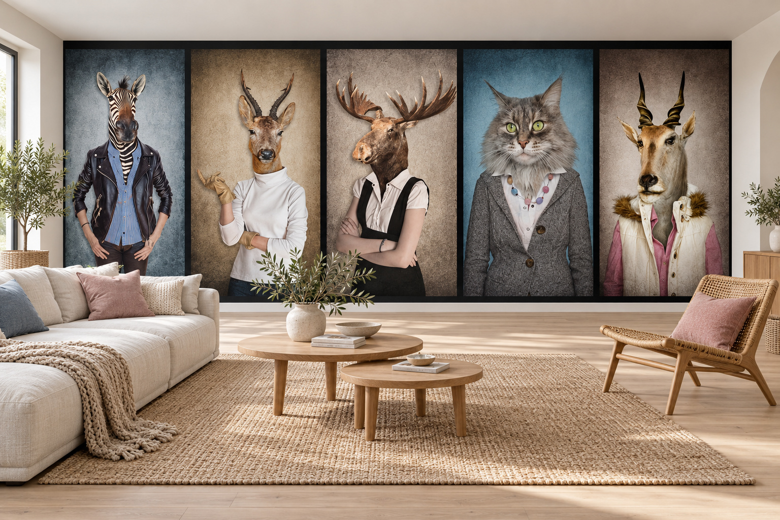 Lichte woonkamer met blauwe en roze kussens voor vijf geklede dierenportretten, met een zebra links en een kat rechts van het midden.