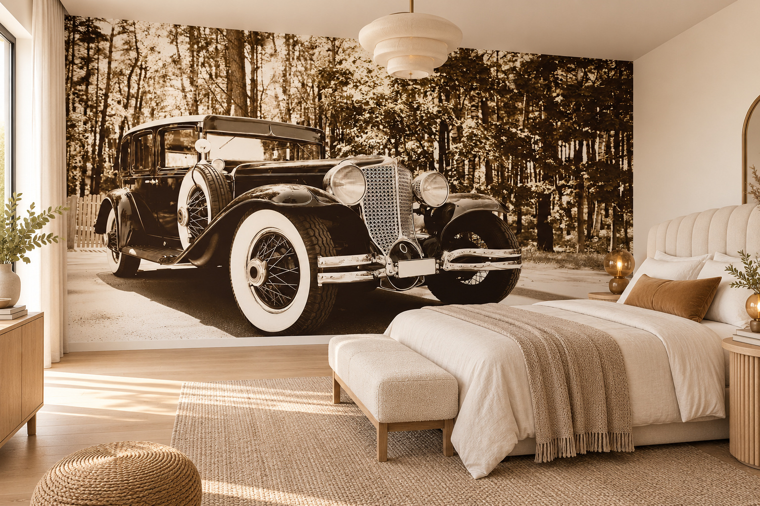 Slaapkamer met een laag crème bed rechts naast sepiafotobehang van een klassieke auto met een groot witwandwiel.