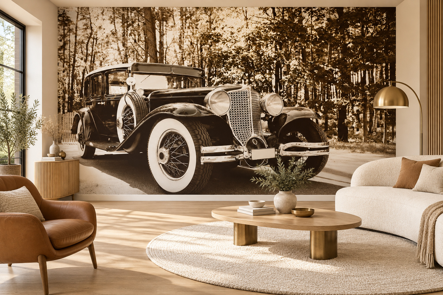 Lichte woonkamer met afgeronde meubels voor sepiafotobehang van een oldtimer met ronde koplampen en witte banden.