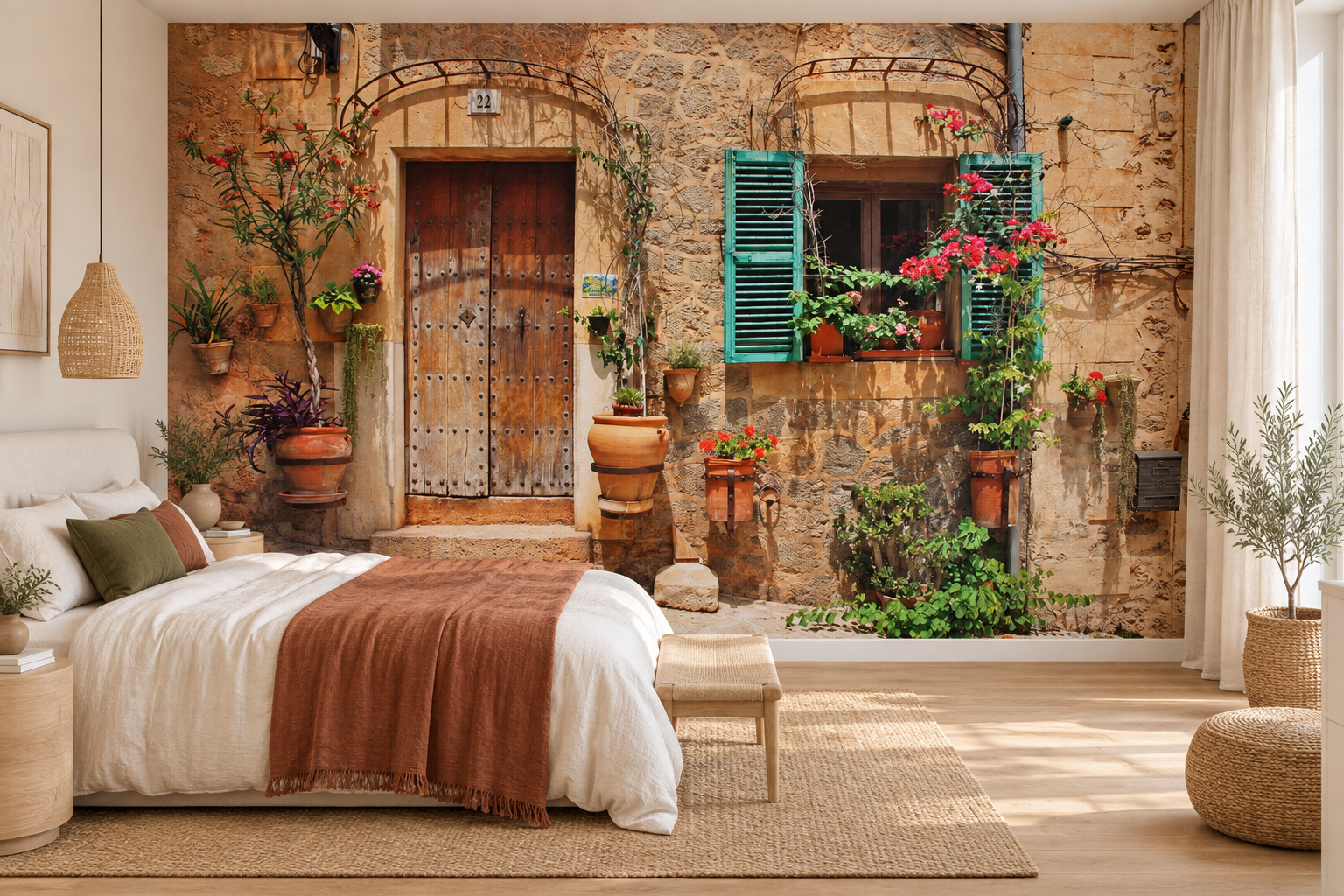 Lichte slaapkamer met een bed links, een terracotta sprei en een Spaanse gevel met groene luiken op de behangwand.
