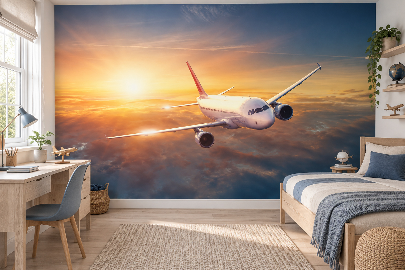 Tienerslaapkamer met wandvullend fotobehang vliegtuig bij zonsondergang, een houten bed met leisteenblauw textiel.