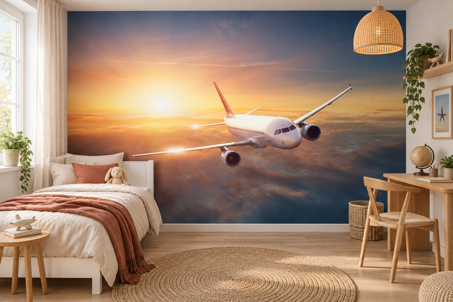 Fotobehang vliegtuig bij zonsondergang in een lichte tienerslaapkamer met een wit bed met zachte terracottatinten.