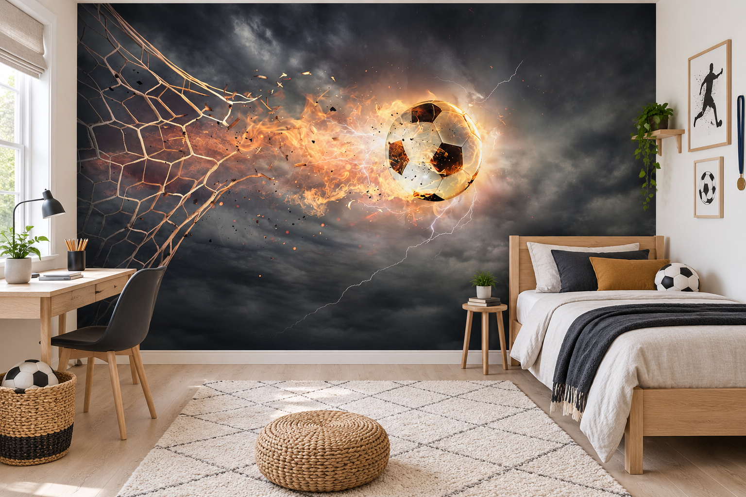 Tienerslaapkamer met wandvullend fotobehang voetbal door het doel, een eiken bed met antraciet en oker.