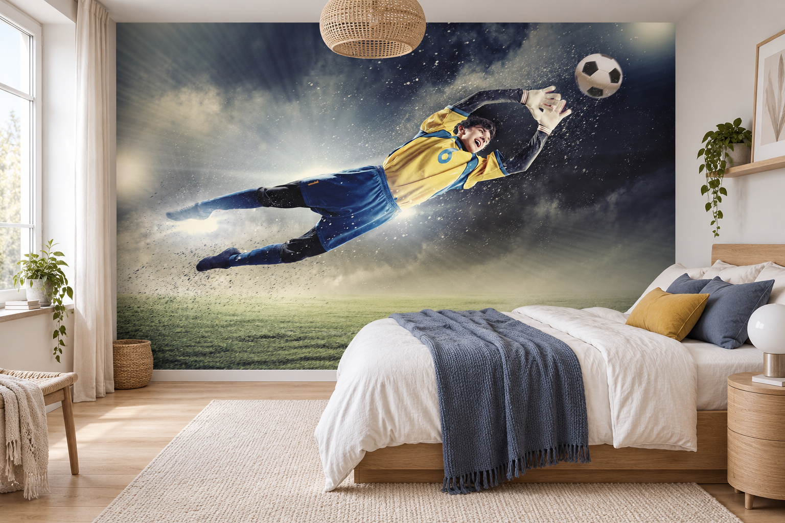 Slaapkamer met een geel-blauwe keeper op de wand en een eiken bed met blauwe plaid aan de rechterkant.