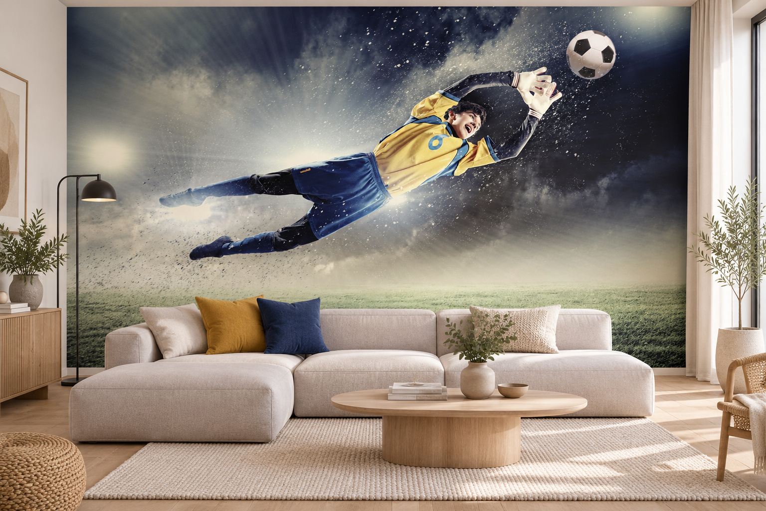 Woonkamer met een duikende keeper op het behang boven een lichte bank met blauwe en gele kussens.