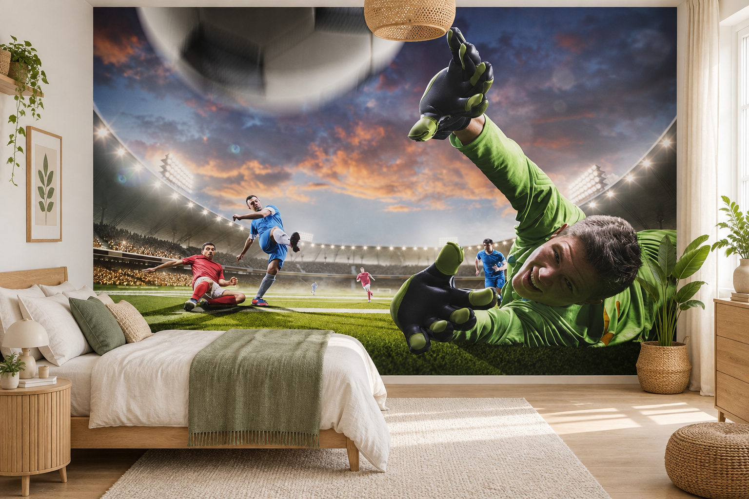 Slaapkamer met voetbalactie als achterwand, een groene keeper rechts en een laag houten bed links.