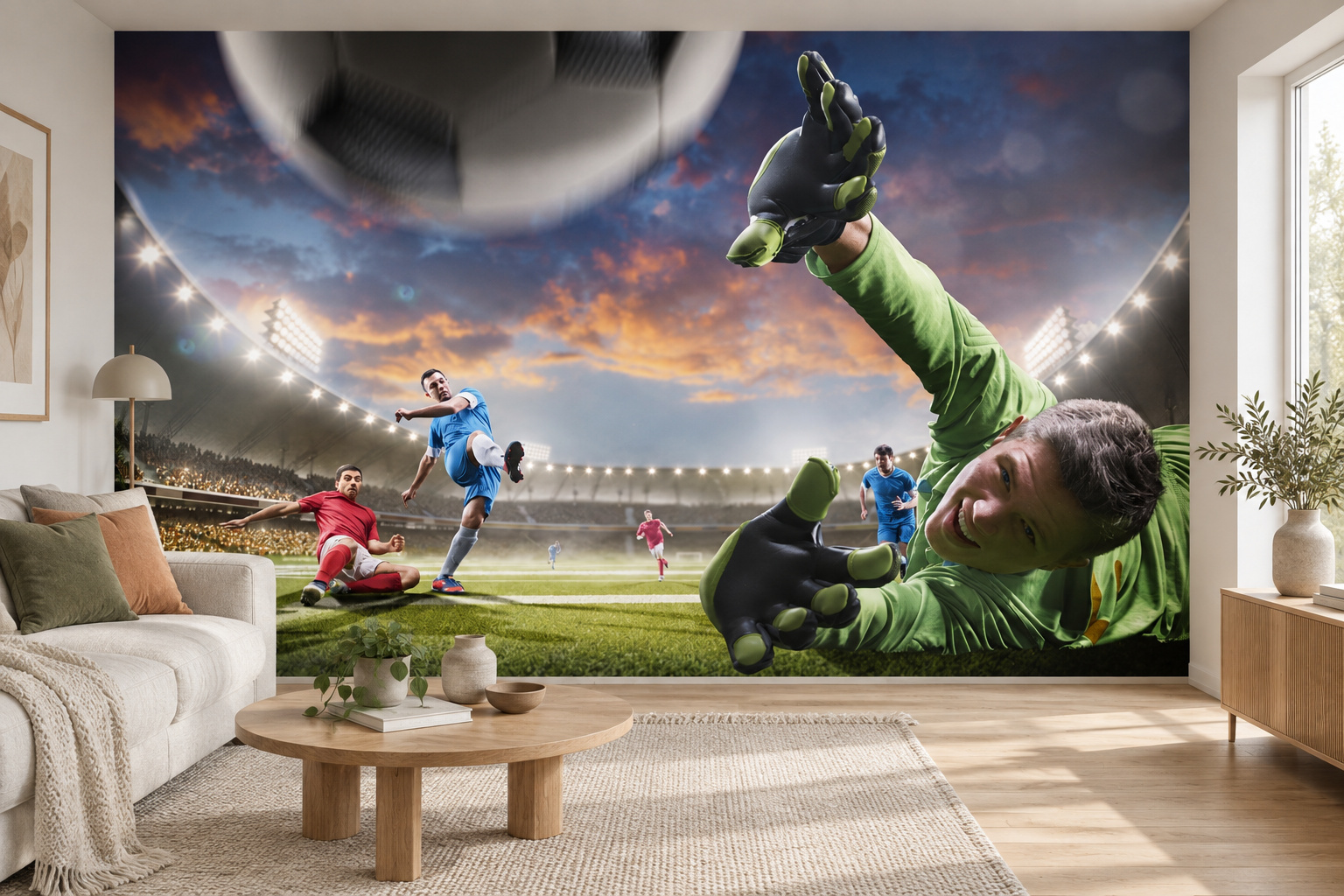 Lichte woonkamer met voetbalactie op de wand, een grote bal linksboven en een groene keeper rechts.