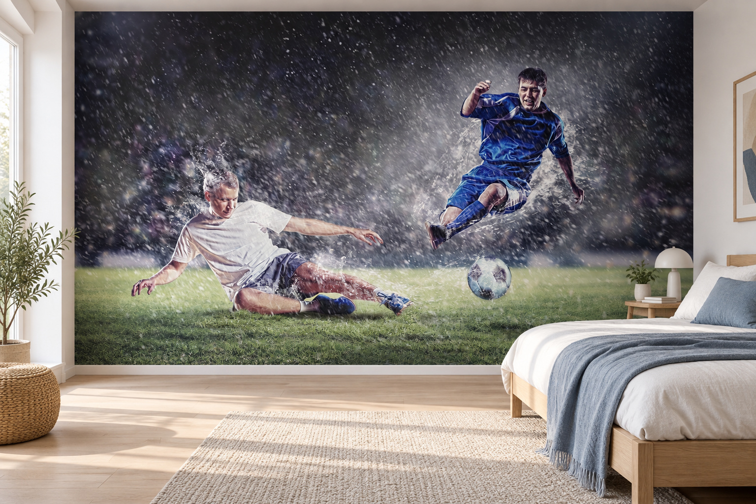 Slaapkamer met een sliding in de regen als wandbeeld naast een bed met een zachtblauwe deken.