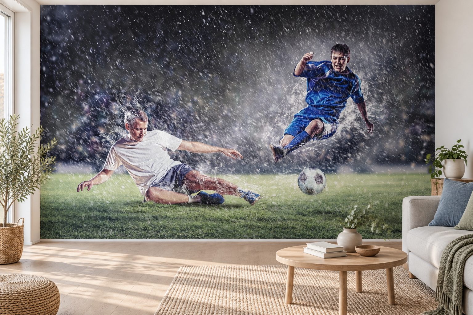 Woonkamer met twee voetballers in de regen op de wand en een lichtgrijze bank aan de rechterkant.