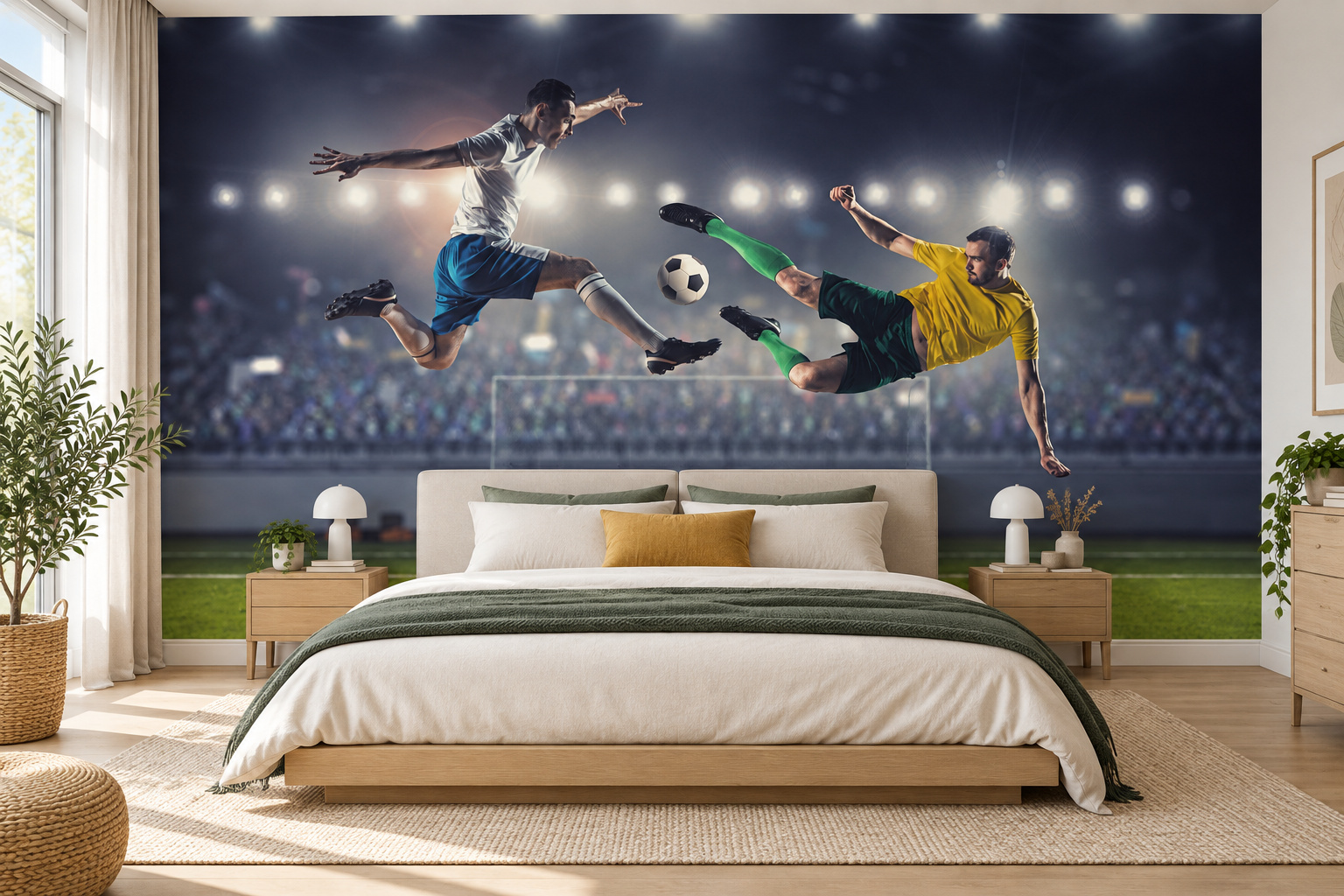 Moderne slaapkamer met twee springende voetballers op de wand boven een bed met groene sprei.