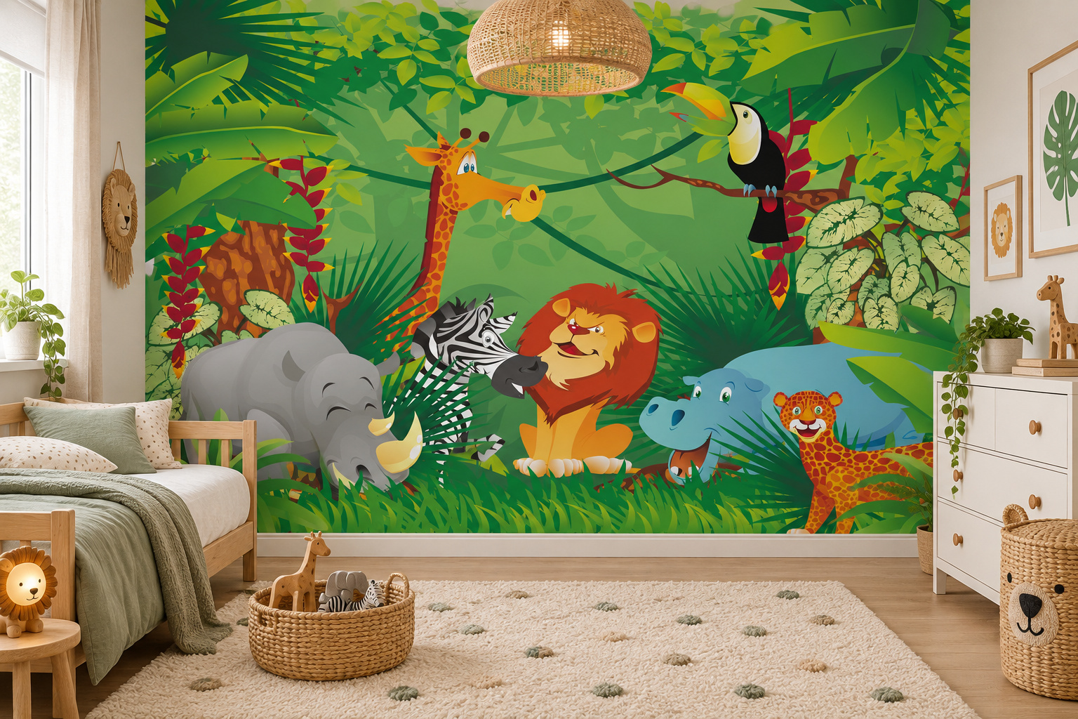Kinderslaapkamer met wandvullend fotobehang vrolijke jungledieren, een laag houten bed met saliegroen textiel.
