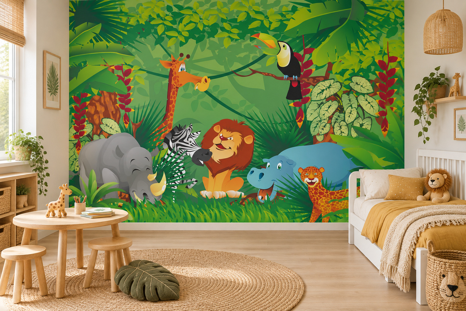 Fotobehang vrolijke jungledieren in een lichte kinderslaapkamer met een wit bed met zand- en mosterdtinten.