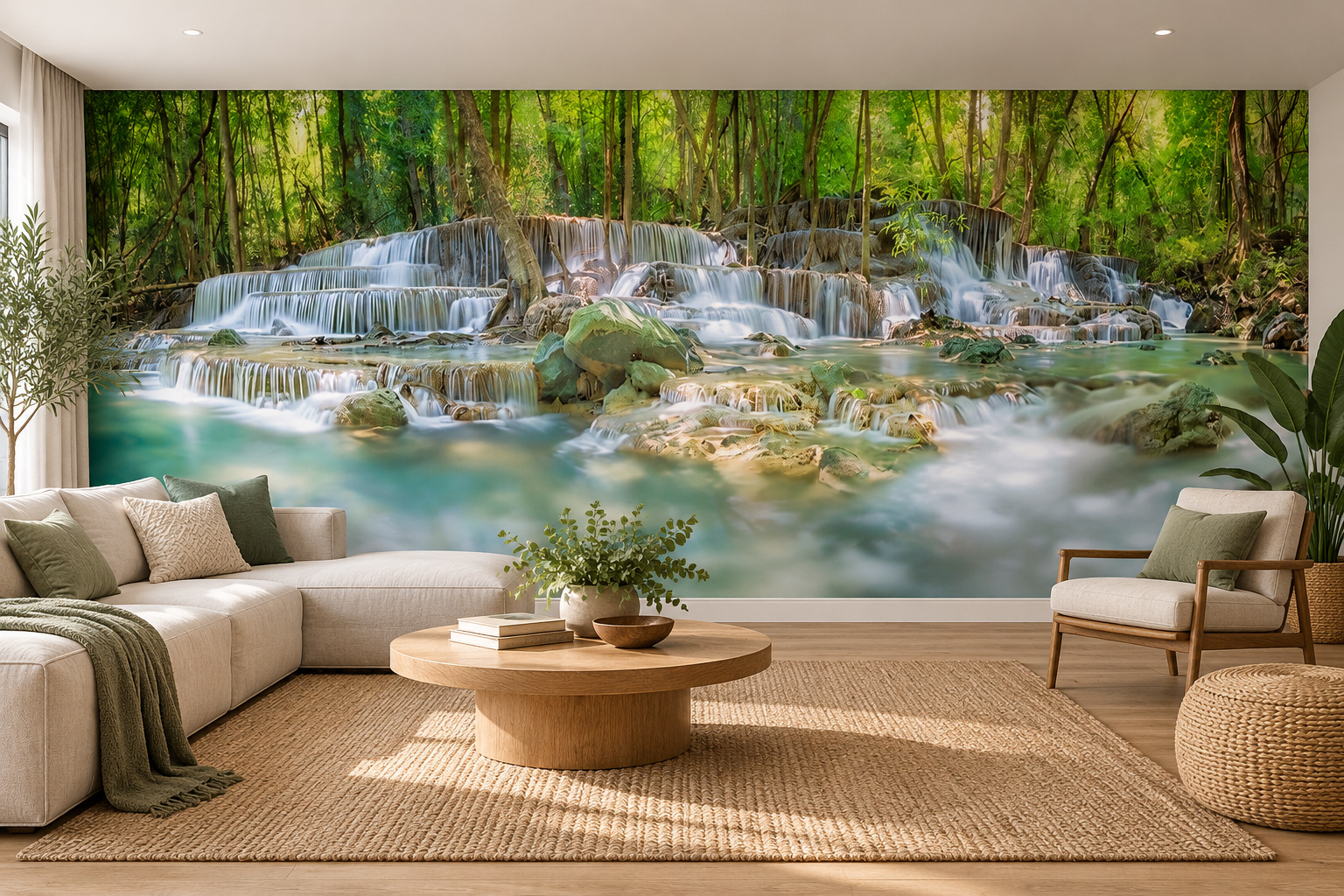 Woonkamer met fotobehang van watervallen in een groen bos op de achterwand en een interieur in bijpassende kleuren; ontwerp 57264987.