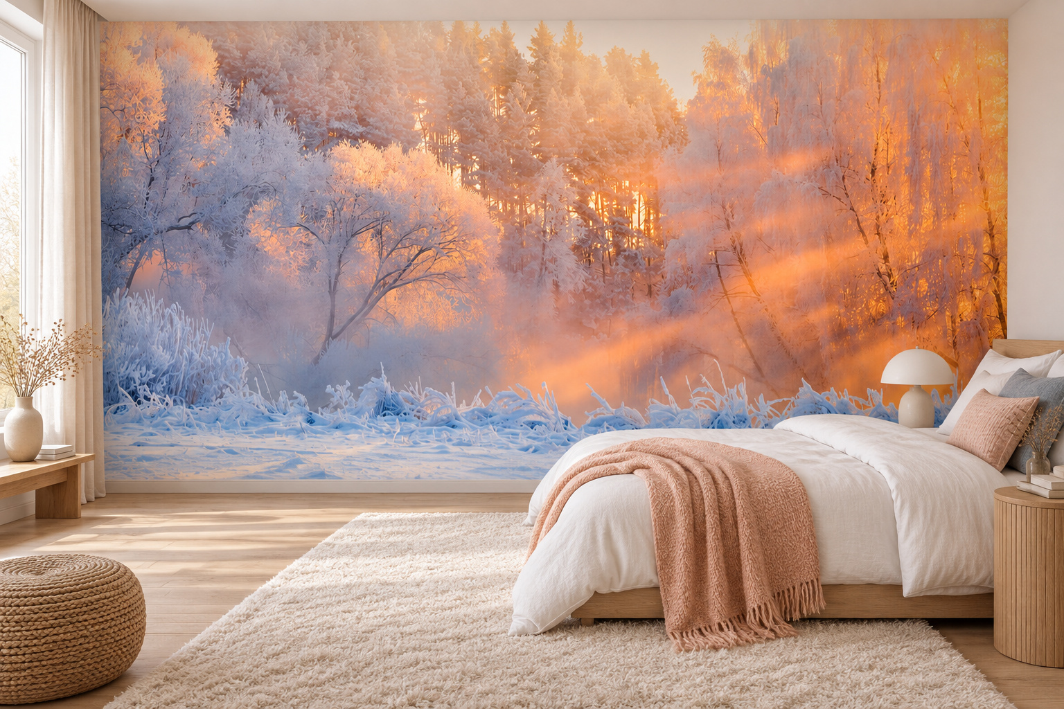 Slaapkamer met een wit besneeuwd bos en warme lichtstralen op de wand, naast een bed rechts met een zachte perzikkleurige plaid.