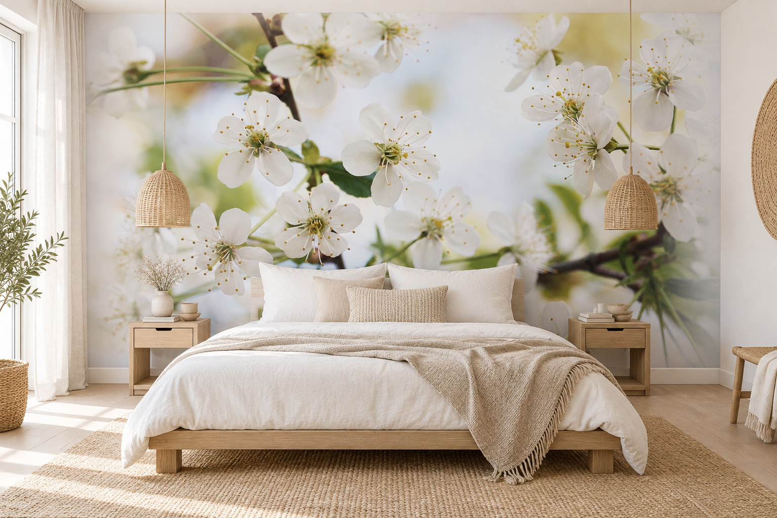 Witte kersenbloemen boven een houten bed met wit-beige textiel, geflankeerd door twee geweven hanglampen.