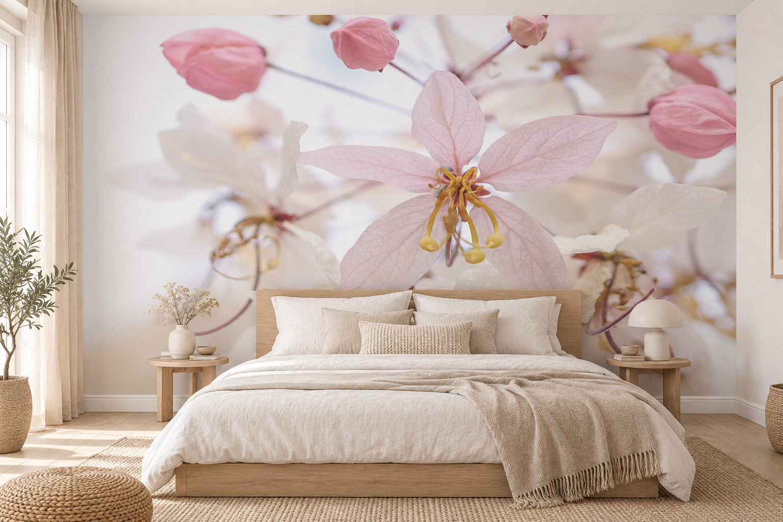 Lichtroze bloem met fijne nerven boven een houten bed, met roze knoppen op een witte slaapkamerwand.