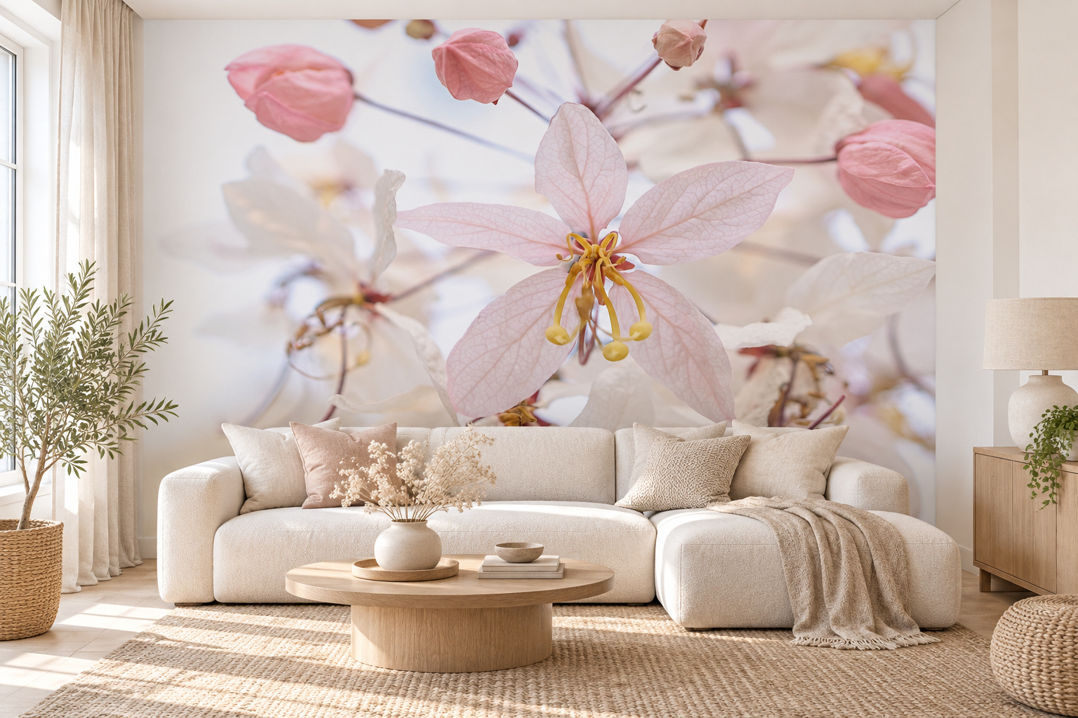 Een grote zachtroze bloem met gele meeldraden en roze knoppen op een lichte wand achter een beige hoekbank.