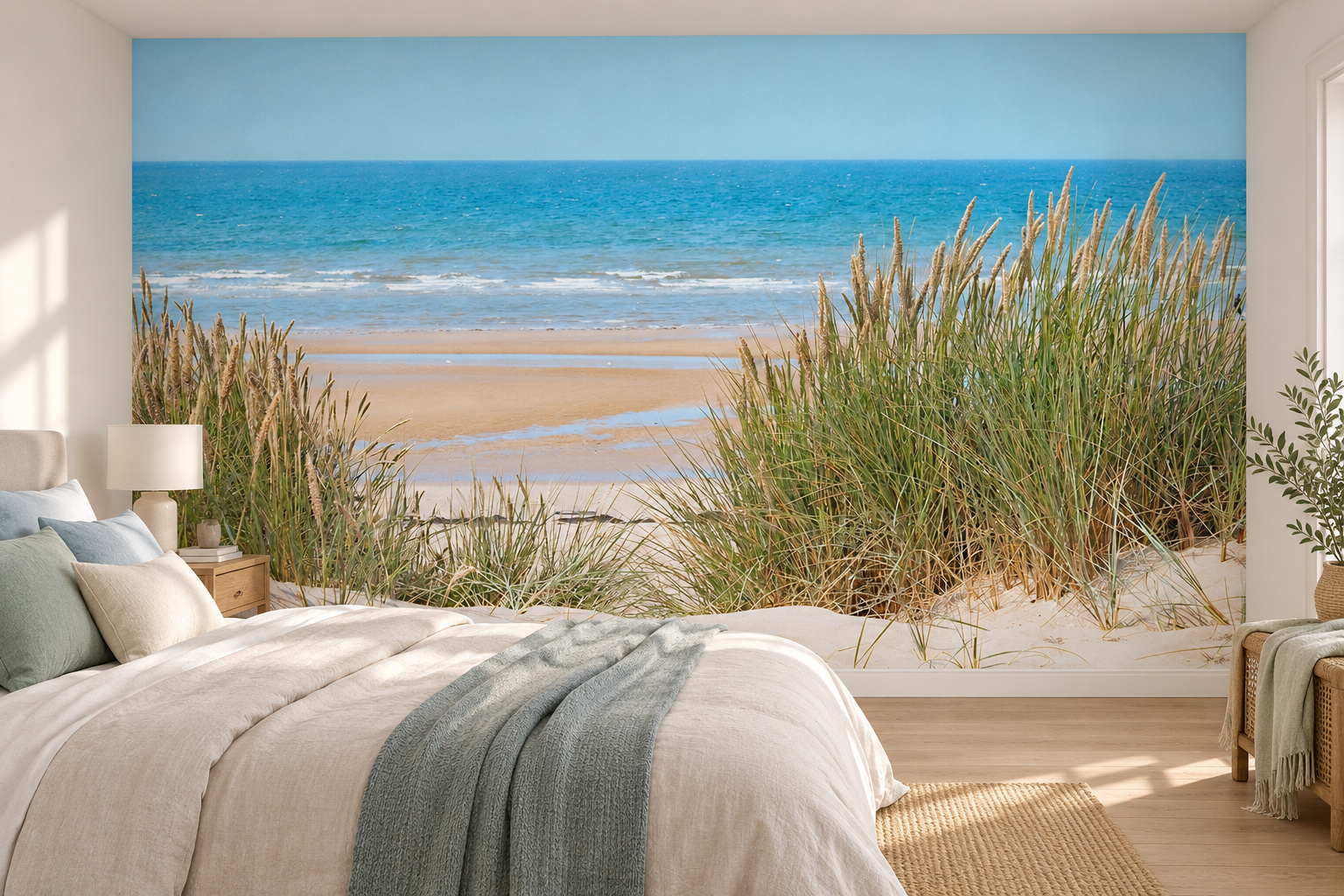 Slaapkamer met fotobehang van het zandstrand van Formby op de achterwand en een interieur in bijpassende kleuren; ontwerp 5602381.
