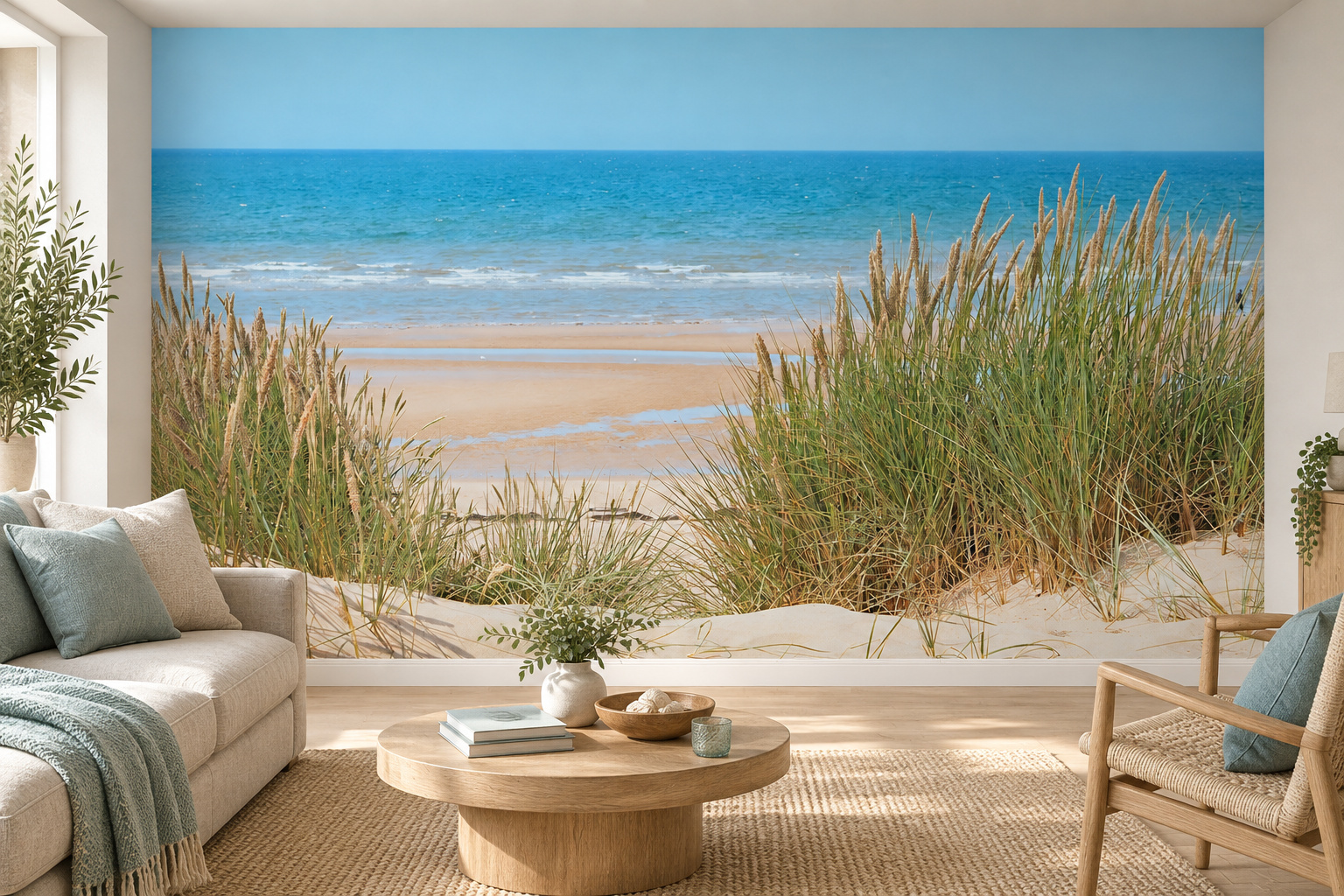 Woonkamer met fotobehang van het zandstrand van Formby op de achterwand en een interieur in bijpassende kleuren; ontwerp 5602381.