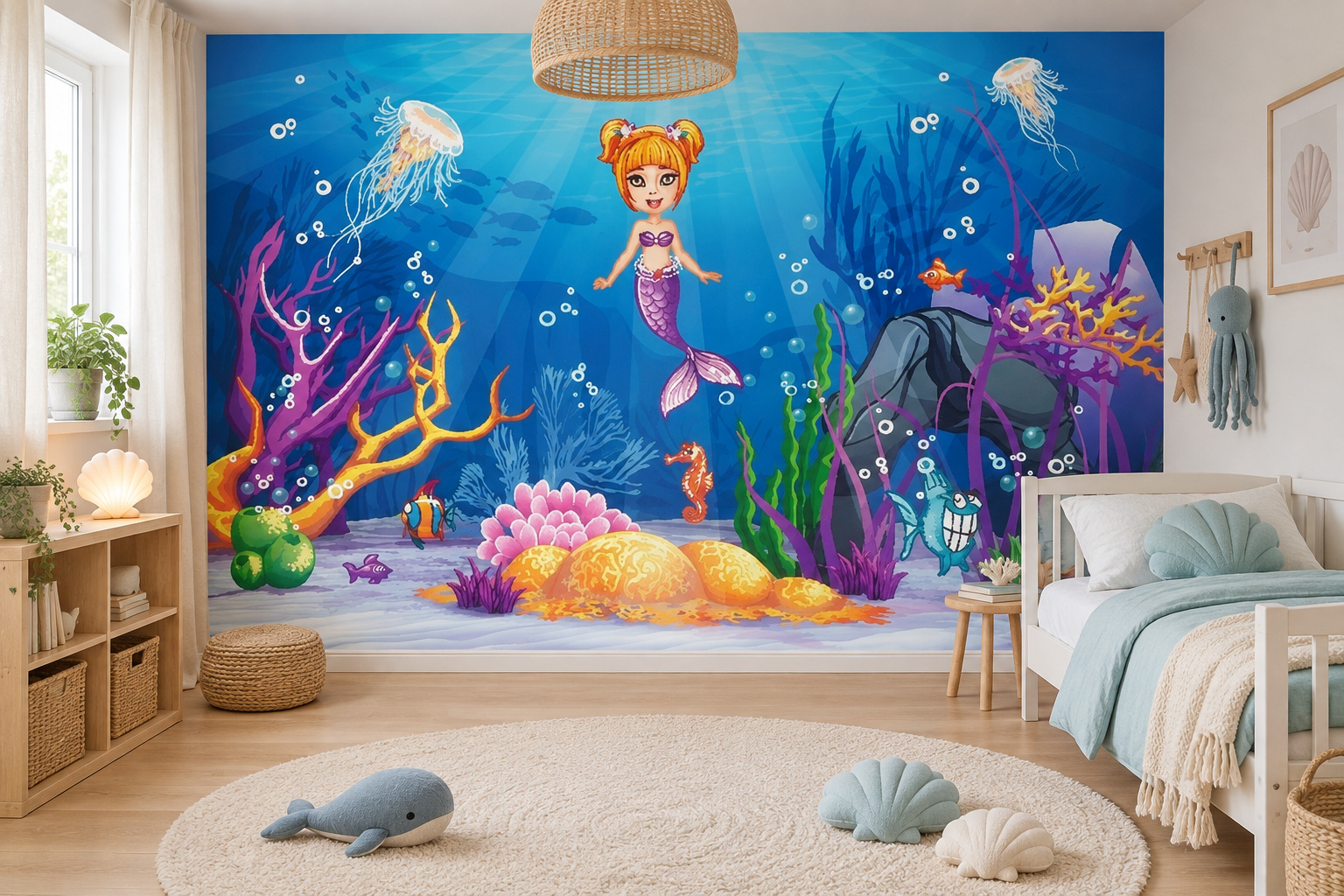 Kinderslaapkamer met wandvullend fotobehang zeemeermin in de onderwaterwereld, een wit kinderbed met aquablauw katoen.