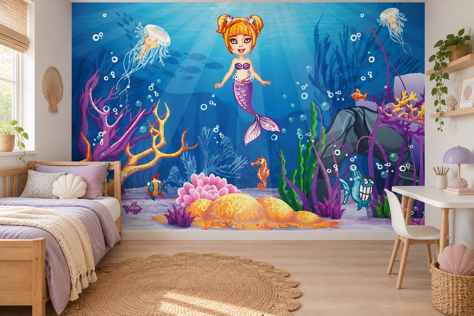Fotobehang zeemeermin in de onderwaterwereld in een lichte kinderslaapkamer met een houten bed met zachtlila textiel.