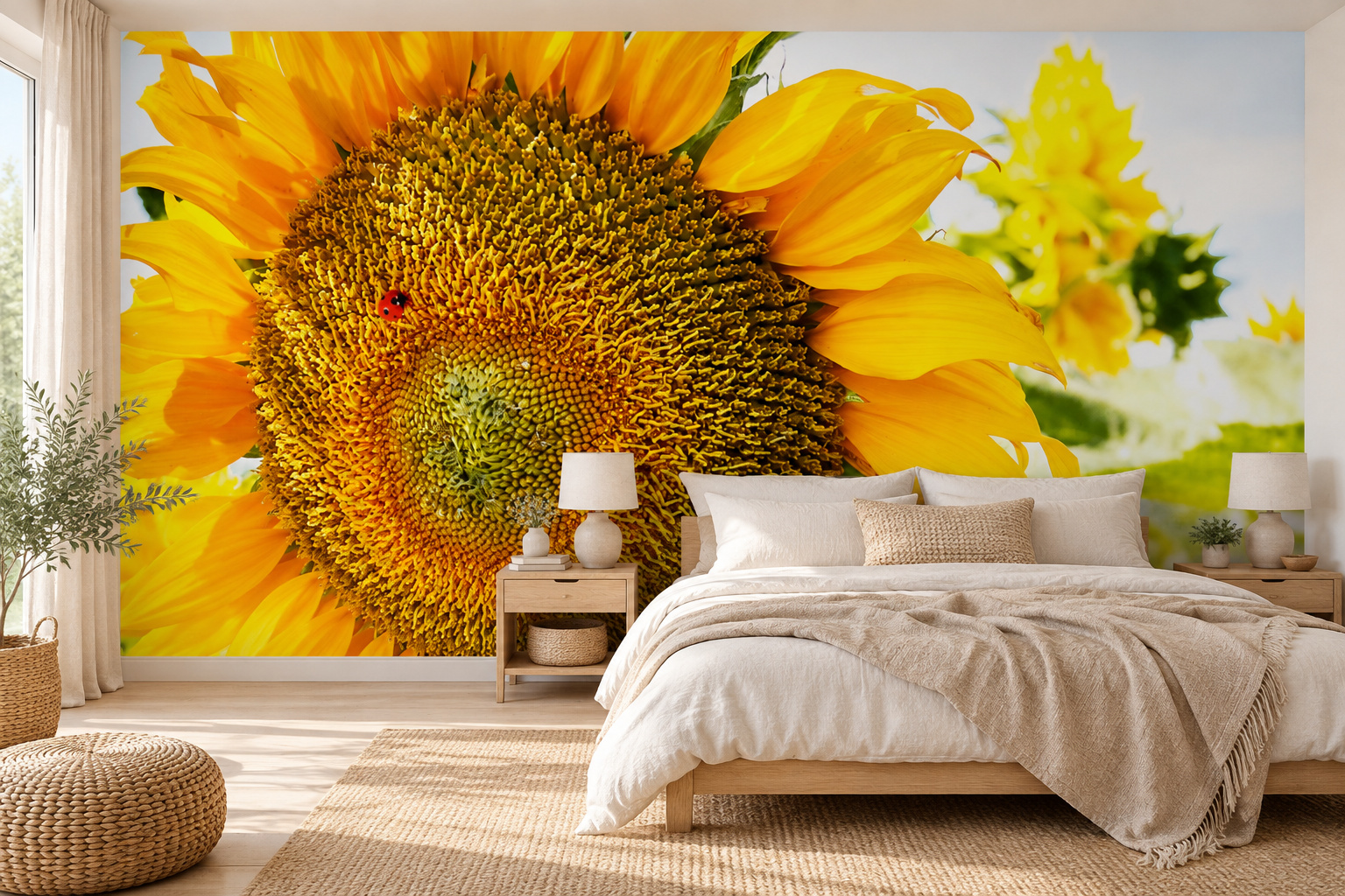 Gele zonnebloem met zichtbaar rood lieveheersbeestje op de wand links van een houten bed met beige textiel.