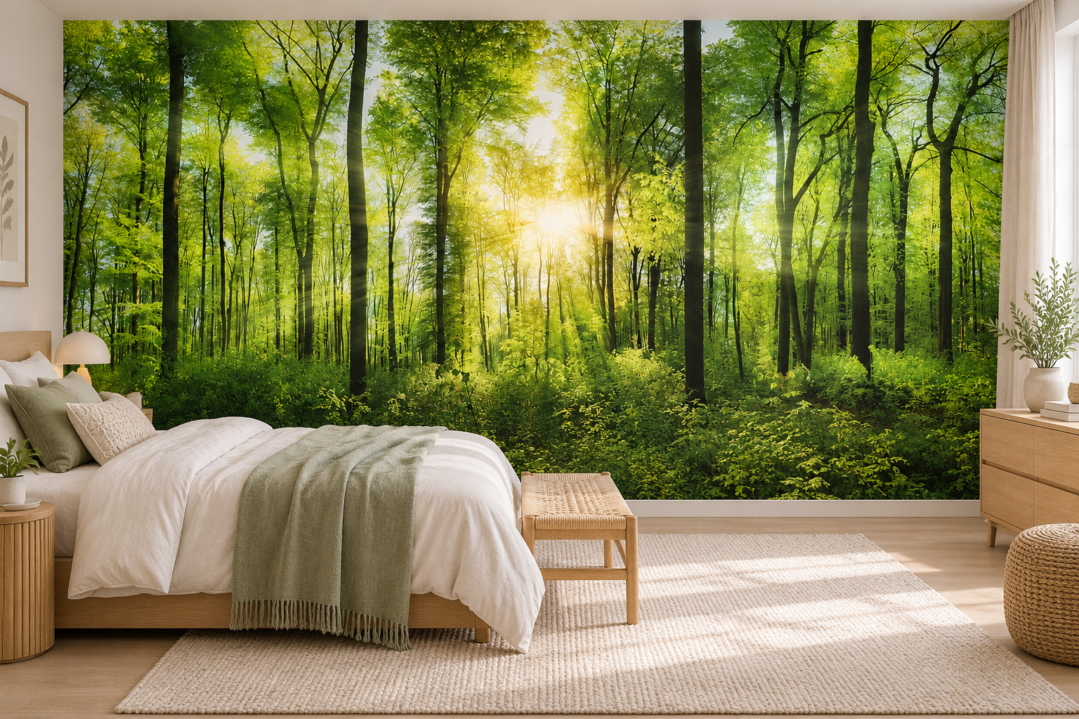 Groen bos met zonlicht tussen de stammen als slaapkamerbehang, naast een bed links met wit beddengoed en een zachte saliegroene plaid.
