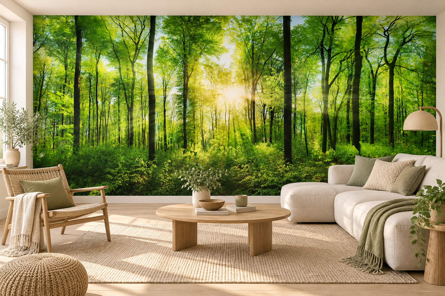 Frisgroen bos met zonnestralen in het midden als fotobehang, achter een lichte bank rechts, een ovale houten tafel en een stoel links.