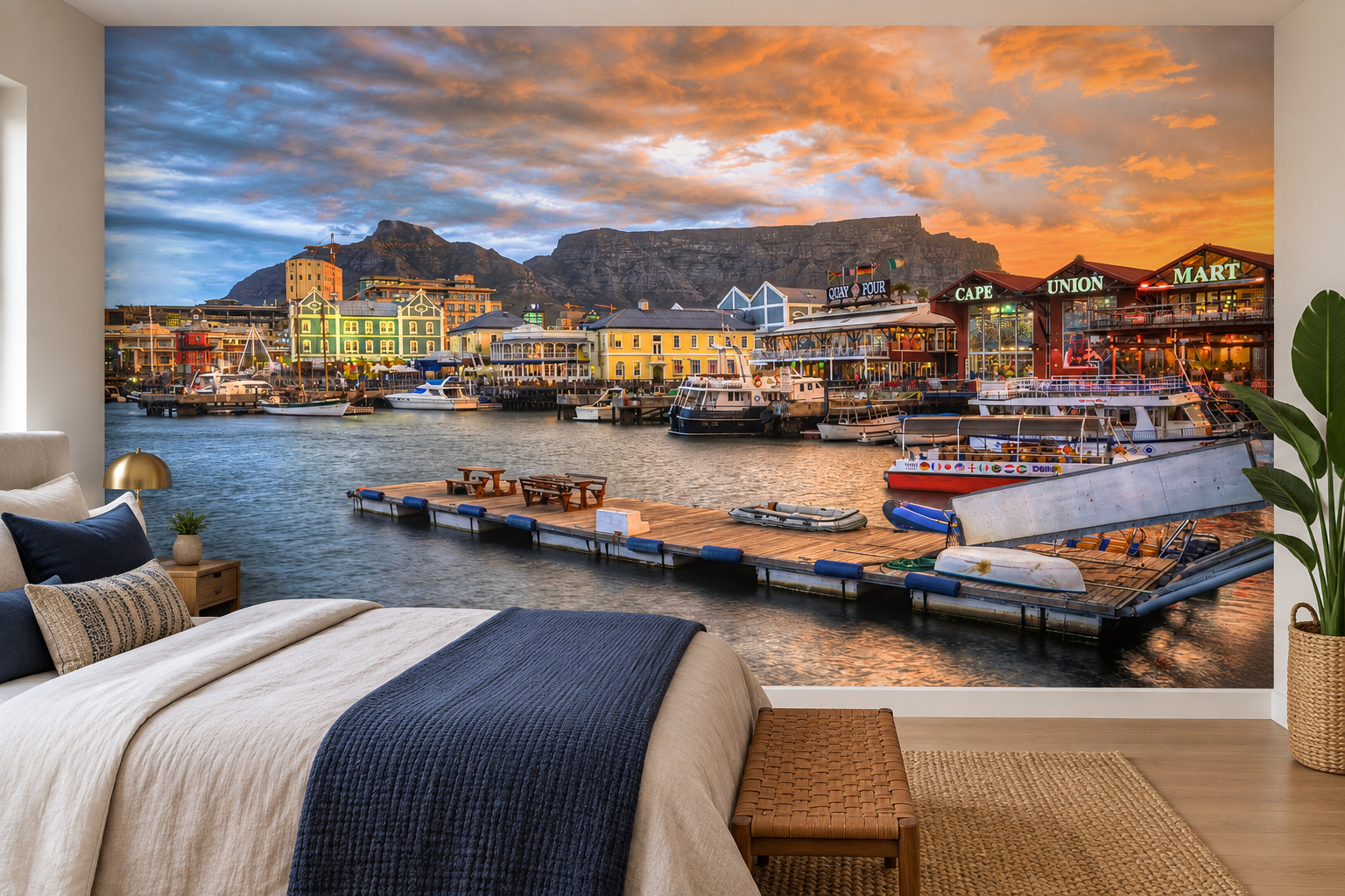 Slaapkamer met fotobehang van een zonsondergang aan de waterkant op de achterwand en een interieur in bijpassende kleuren; ontwerp 18693969.