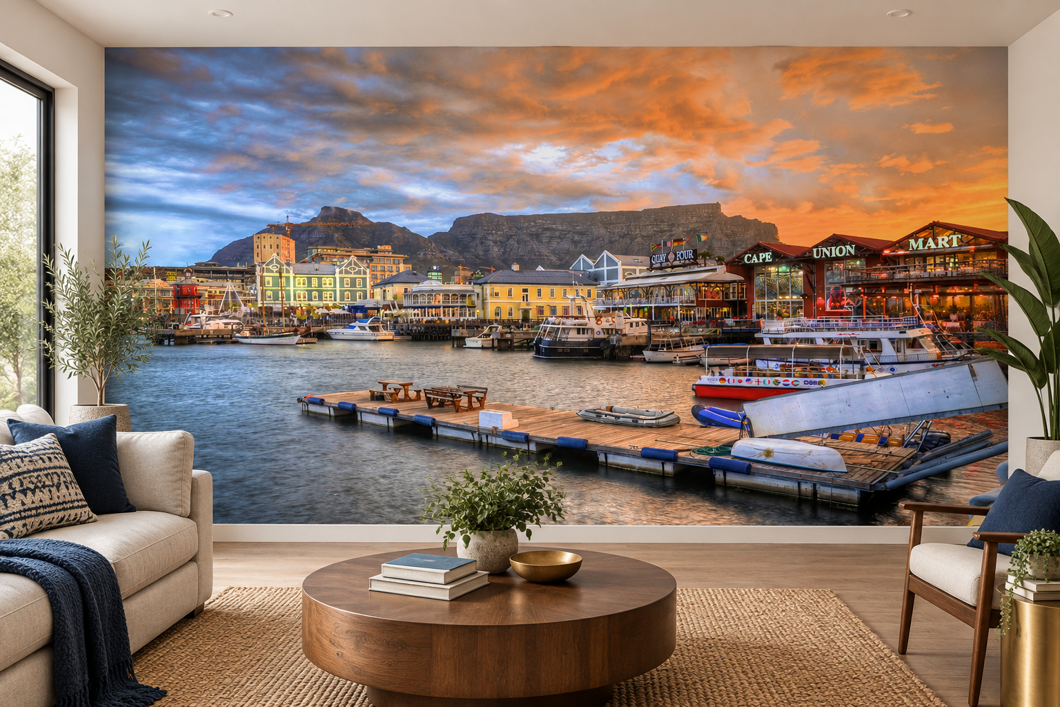 Woonkamer met fotobehang van een zonsondergang aan de waterkant op de achterwand en een interieur in bijpassende kleuren; ontwerp 18693969.