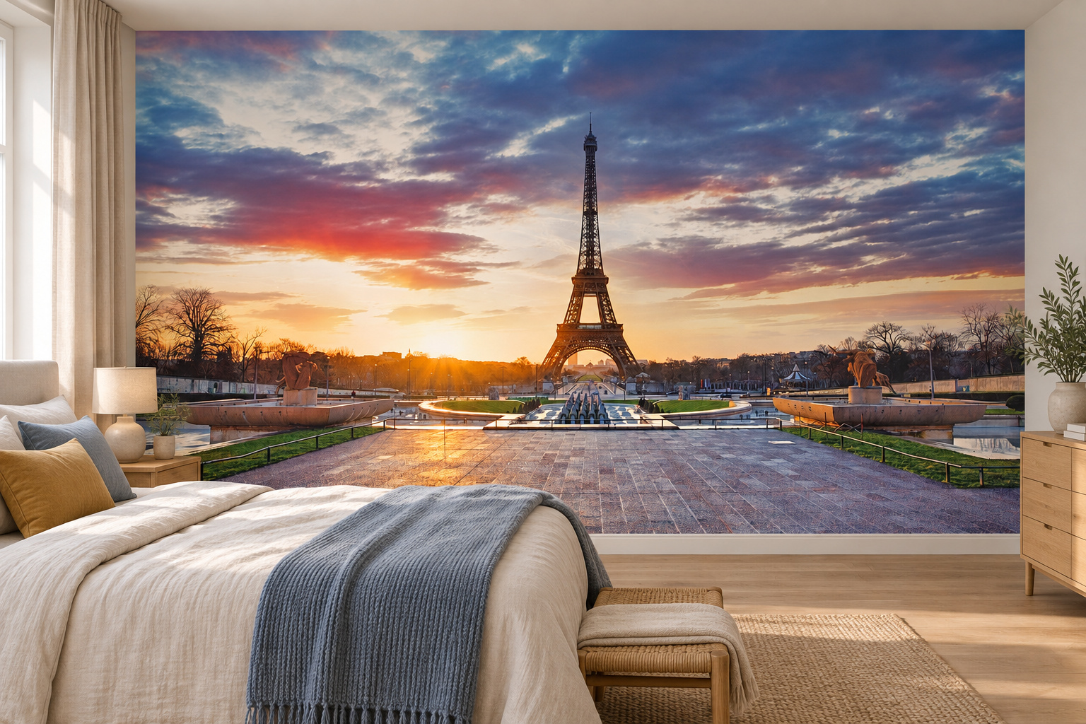 Slaapkamer met fotobehang van de Eiffeltoren in Parijs bij zonsopgang op de achterwand en een interieur in bijpassende kleuren; ontwerp 75926891.