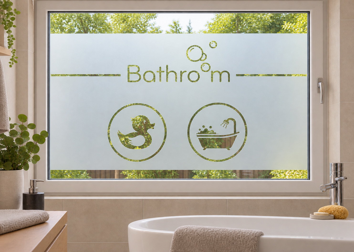 Gesneden matglasfolie Bathroom afbeeldingen op een badkamerraam, met heldere uitsneden.