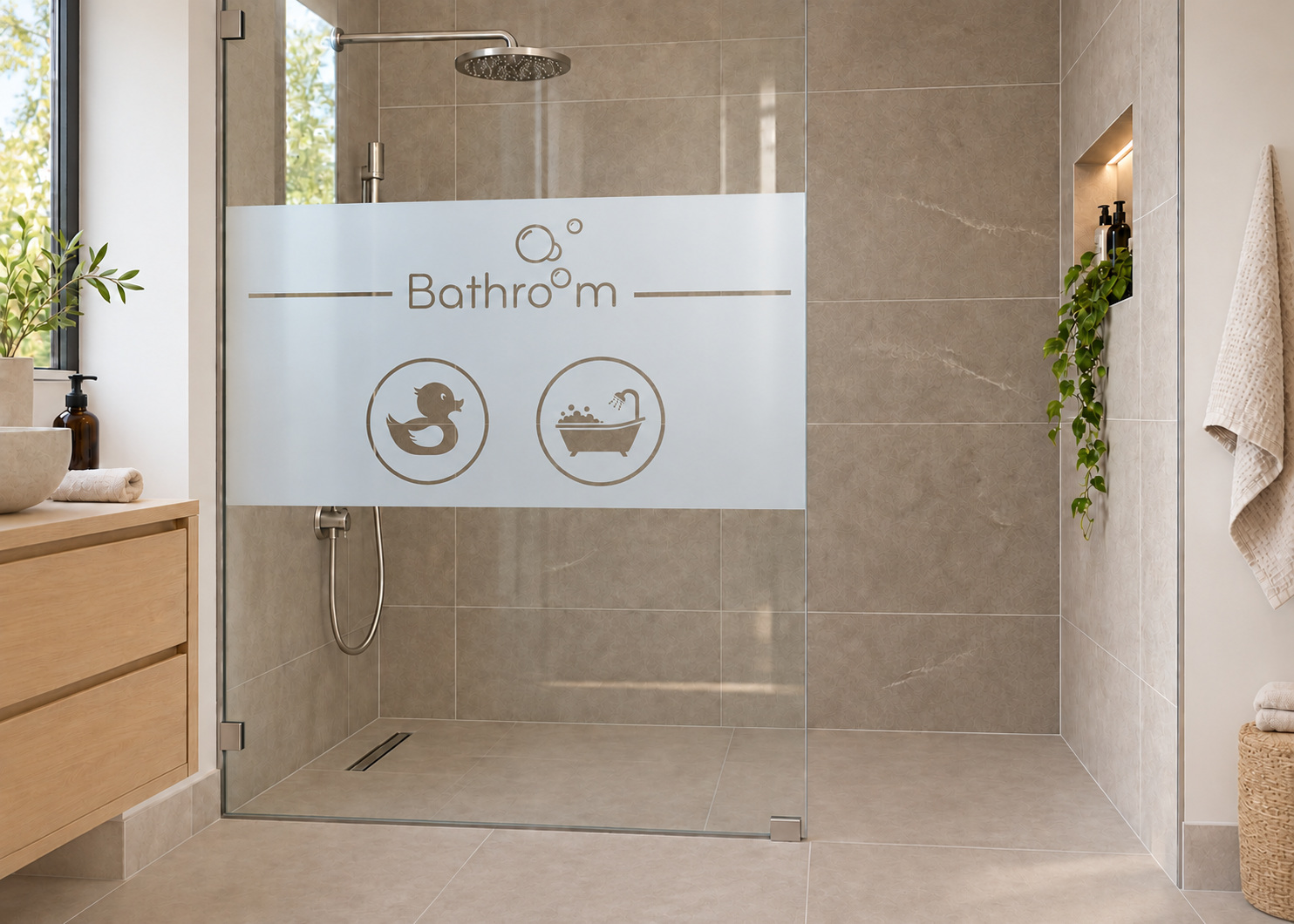 Gesneden matglasfolie Bathroom afbeeldingen op doucheglas met vrije instap, met heldere uitsneden.