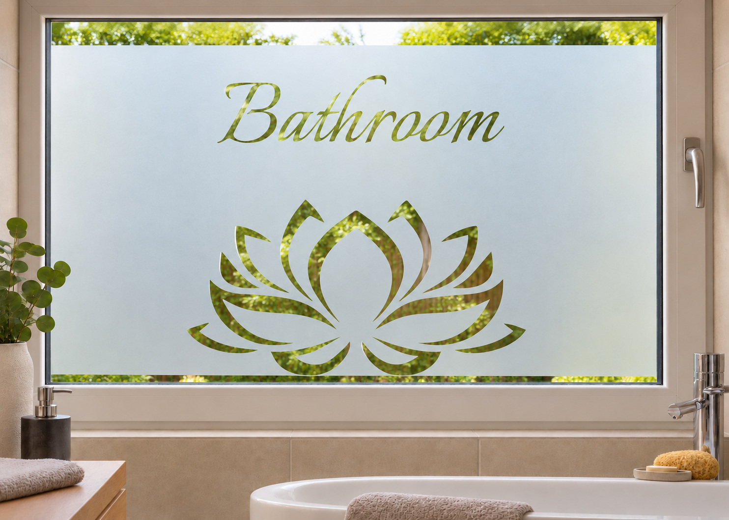 Gesneden matglasfolie Bathroom lotusbloem op een badkamerraam, met heldere uitsneden.