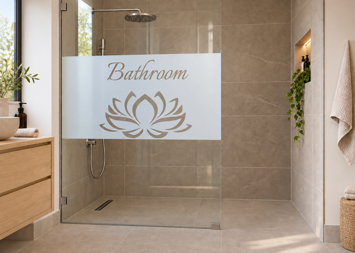 Gesneden matglasfolie Bathroom lotusbloem op doucheglas met vrije instap, met heldere uitsneden.
