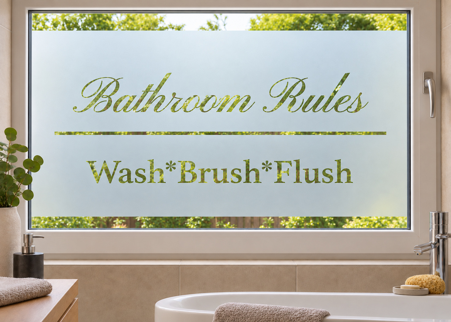 Gesneden matglasfolie Bathroom Rules op een badkamerraam, met heldere uitsneden.
